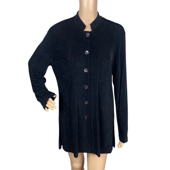 Chico's Travelers Black Mandarin Collar Button Down Tunic Top SZ M - Picture 1 of 7